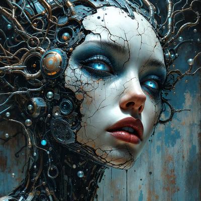The primary subject of the image is a woman with a unique and intricate hairstyle. She has a blue-eyed gaze and is wearing a headpiece that features a combination of metal, wood, and glass elements. The setting is a room with a wall that has a blue color, and the visual style appears to be a digital art or illustration. The colors and mood of the image are dark and mysterious, with the woman's striking appearance and the intricate design of her hairstyle creating a captivating and enigmatic atmosphere.